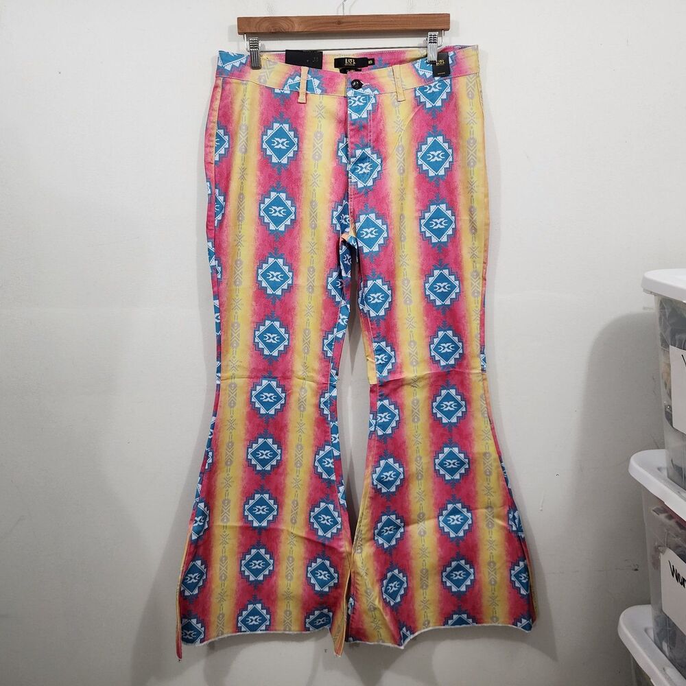 Lucky & Blessed Flare Pants Plus Sz18 Aztec Western Bell Bottom Pink Yellow Boho